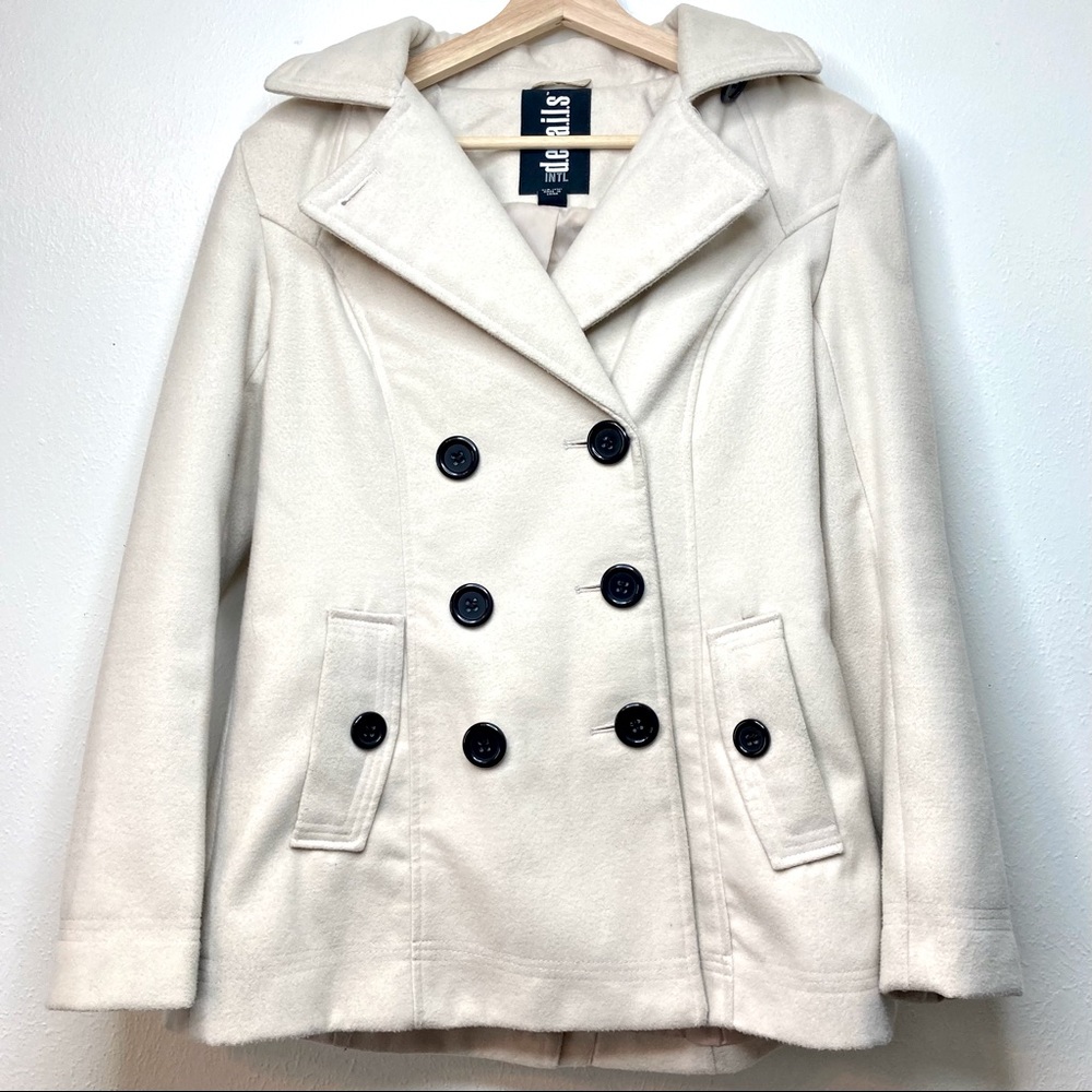 Details INTL White Cream Double Breasted Pea Coat Removable Hood Size Medium